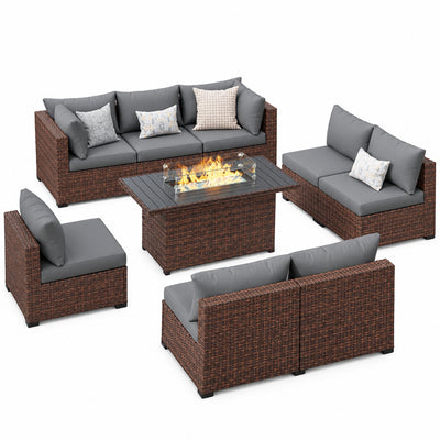 9-Piece Grey Wicker Sectional Set with Fire Pit Table