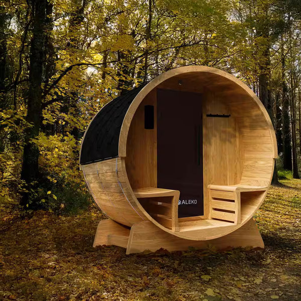 4-Person Cedar Barrel Sauna with Electric Heater & Front Porch