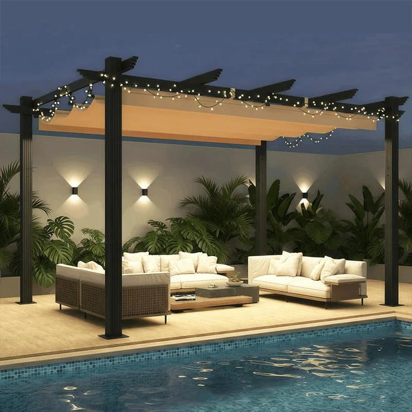 Outdoor Metal Pergola with Retractable Canopy Shade Roof