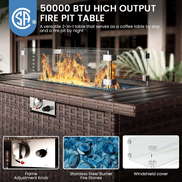 9-Piece Grey Wicker Sectional Set with Fire Pit Table