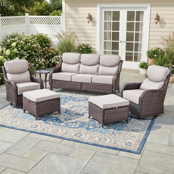6-Piece Wicker Patio Set with Swivel Rockers & Thick Cushions