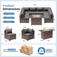 Patio Furniture Set, Outdoor Patio Furniture Wicker Sectional Furniture Couch Set, 9 Pieces Outdoor Sectional Sofa with Fire Pit Table, Outdoor Patio Set for Outdoor Furniture (Grey)