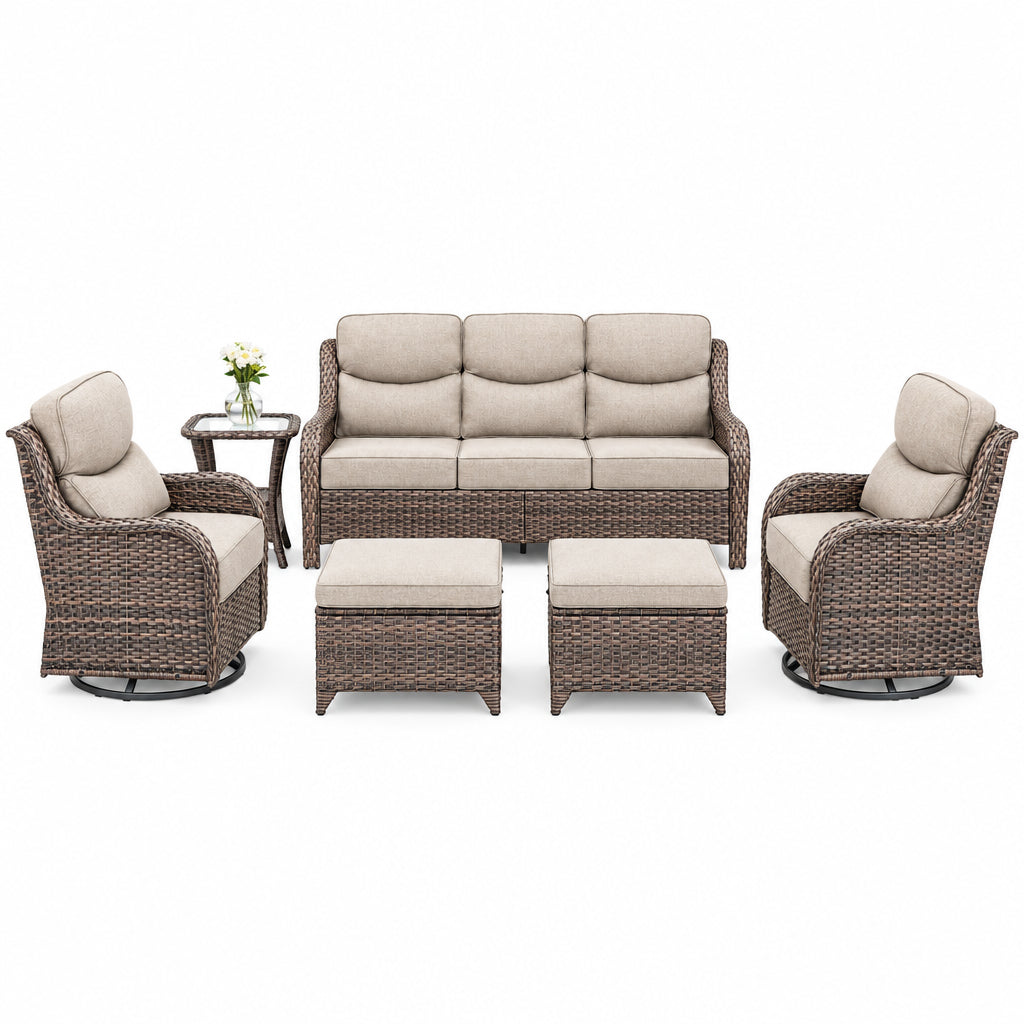 Luxury 6 Pieces Outdoor Patio Furniture Set with Swivel Rocker Chairs 6-Inch Extra Thick Cushions,Sofa Coffee Table,Wicker Conversation Sets for Porch Deck Backyard Poolside